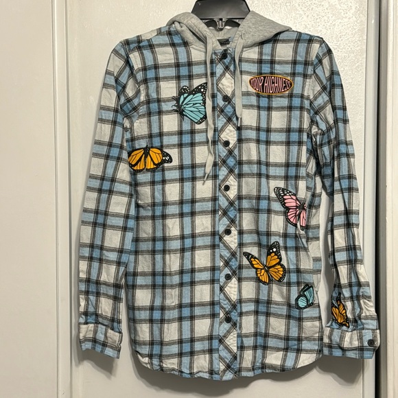 Zumiez -Your Highness Butterfly Sativa Blue Hooded Women’s Flannel Shirt - Picture 1 of 4